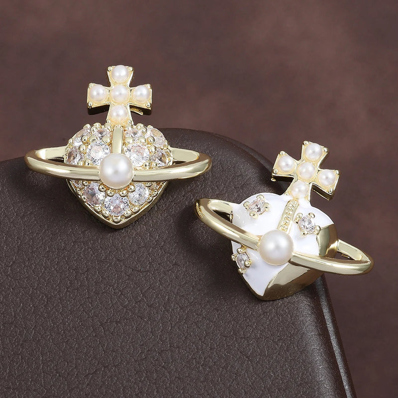 Korea Heart Planet Stud Earrings Round Simulated Pearl Cross Crystal Earring Par