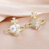 Korea Heart Planet Stud Earrings Round Simulated Pearl Cross Crystal Earring Par