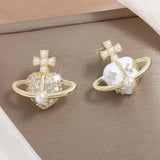 Korea Heart Planet Stud Earrings Round Simulated Pearl Cross Crystal Earring Par
