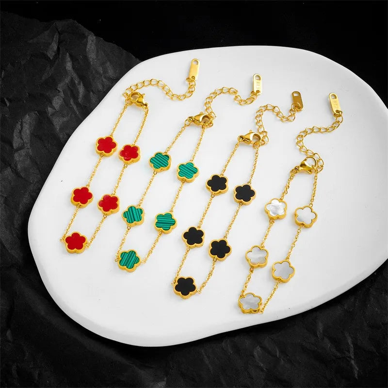 Colorful 5 Leaf Flower Charms Bracelet for Women Stainless Steel Clover Jewelry