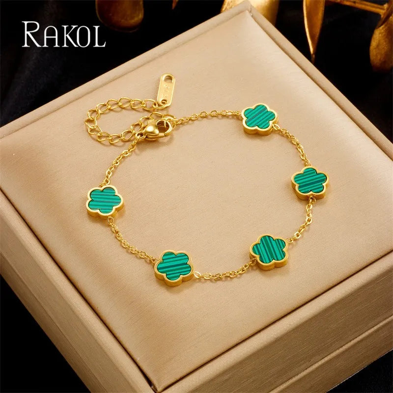 Colorful 5 Leaf Flower Charms Bracelet for Women Stainless Steel Clover Jewelry