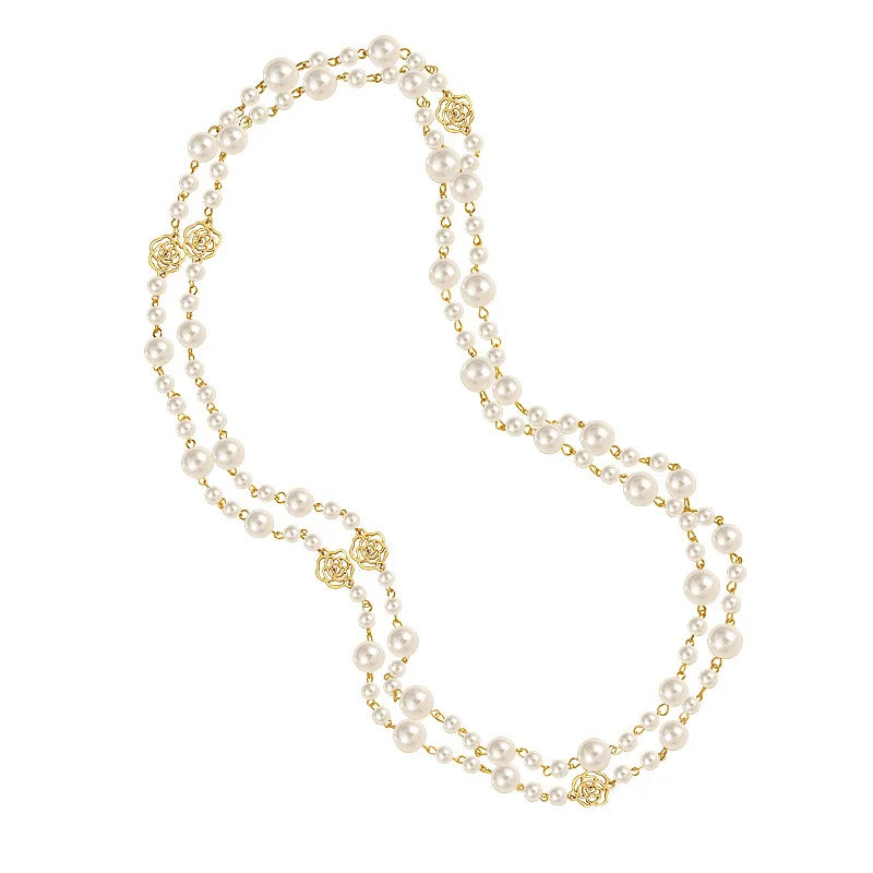 Rose Pearl Necklace Long Layer Winding Chain Jewelry