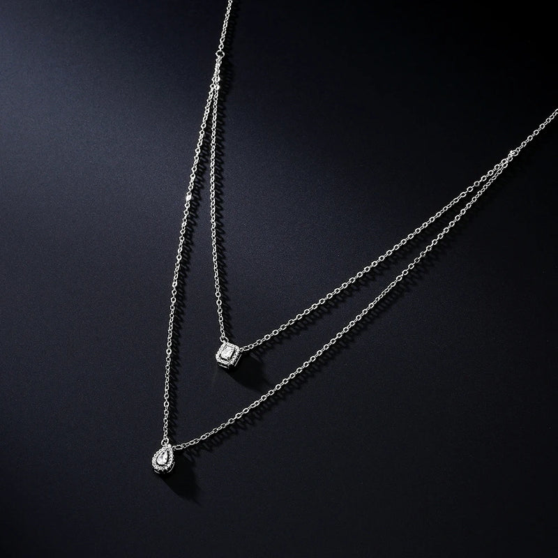 Water Drop Cubic Zirconia Pendant Double Layer Necklace for Women