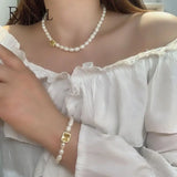 Geometric Yellow Crystal Zircon Retro Natural Pearl Choker Pendant Necklace