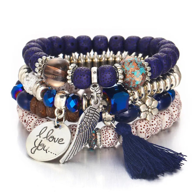Bohemian Bracelet Femme Carved Love Feather Tassel Bangle