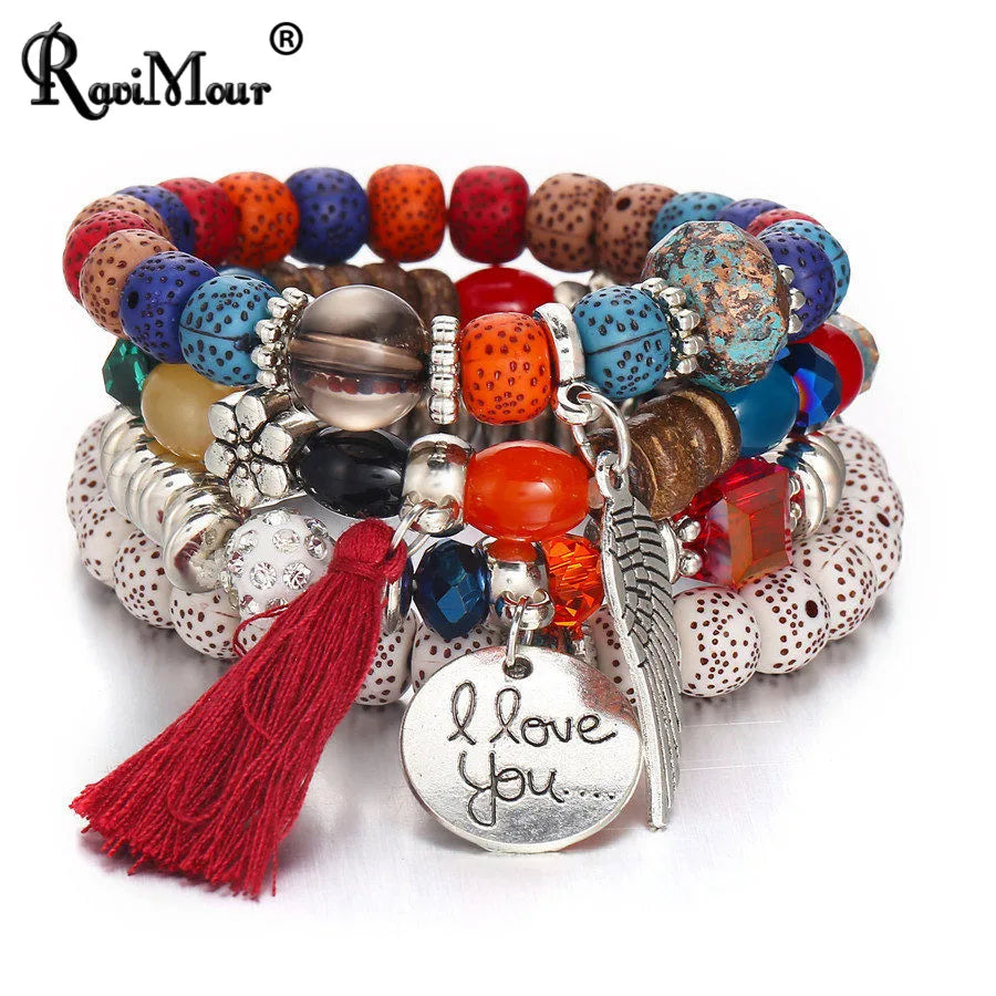 Bohemian Bracelet Femme Carved Love Feather Tassel Bangle