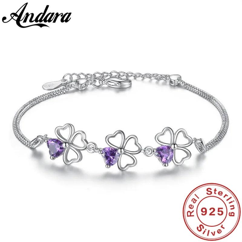 925 Silver Clover Charm Bracelet Purple Crystal Chain Women Jewelry