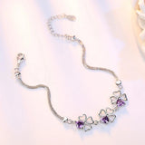 925 Silver 4 Leaf Clover Charm Bracelet Purple Crystal Women's Jewelry