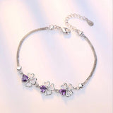 925 Silver Four Leaf Clover Charm Bracelet Purple Crystal Chain Women Jewelry