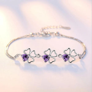 925 Silver Four Leaf Clover Charm Bracelet Purple Crystal Chain