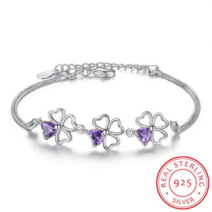 925 Silver Clover Charm Bracelet Purple Crystal Chain Women Jewelry