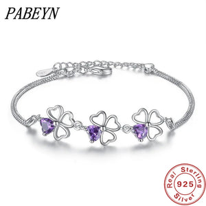925 Silver Four Leaf Clover Charm Bracelet Purple Crystal Chain Women Jewelry