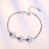 925 Silver Four Leaf Clover Charm Bracelet Purple Crystal Chain Jewelry