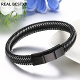 Men Leather Bracelet Stainless Steel Magnetic Clasp Punk Jewelry