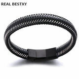 Men Leather Bracelet Stainless Steel Magnetic Clasp Punk Jewelry