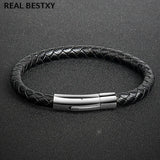 Men's Cow Leather Bracelet Stainless Steel Clasp