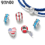 316l Stainless Steel Star Red & Stripe European Big Hole Charm Beads