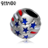 316l Stainless Steel Star Red & Stripe European Big Hole Charm Beads