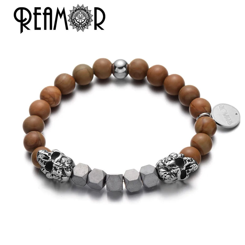 Wood Grain & Iron Ore Stone Stretch Bracelets Men Bracelet