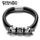 Men's Skull Head Beads Bracelet Skeleton Leather Bangle