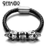 Men's Skull Head Beads Bracelet Skeleton Leather Bangle
