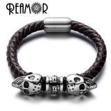 Men's Skull Head Beads Bracelet Skeleton Leather Bangle