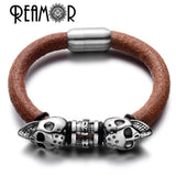 Men's Skull Head Beads Bracelet Skeleton Leather Bangle