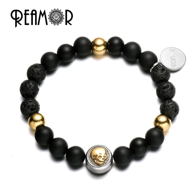 Matte Onyx&Lava Stones Beads Skull Heads Men Bracelets