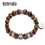 Tiger Eye Stone Skull Bracelet Stainless Steel Beads Men's Jewelry