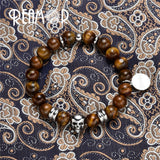 Tiger Eye Stone Skull Bracelet Stainless Steel Beads Men's Jewelry