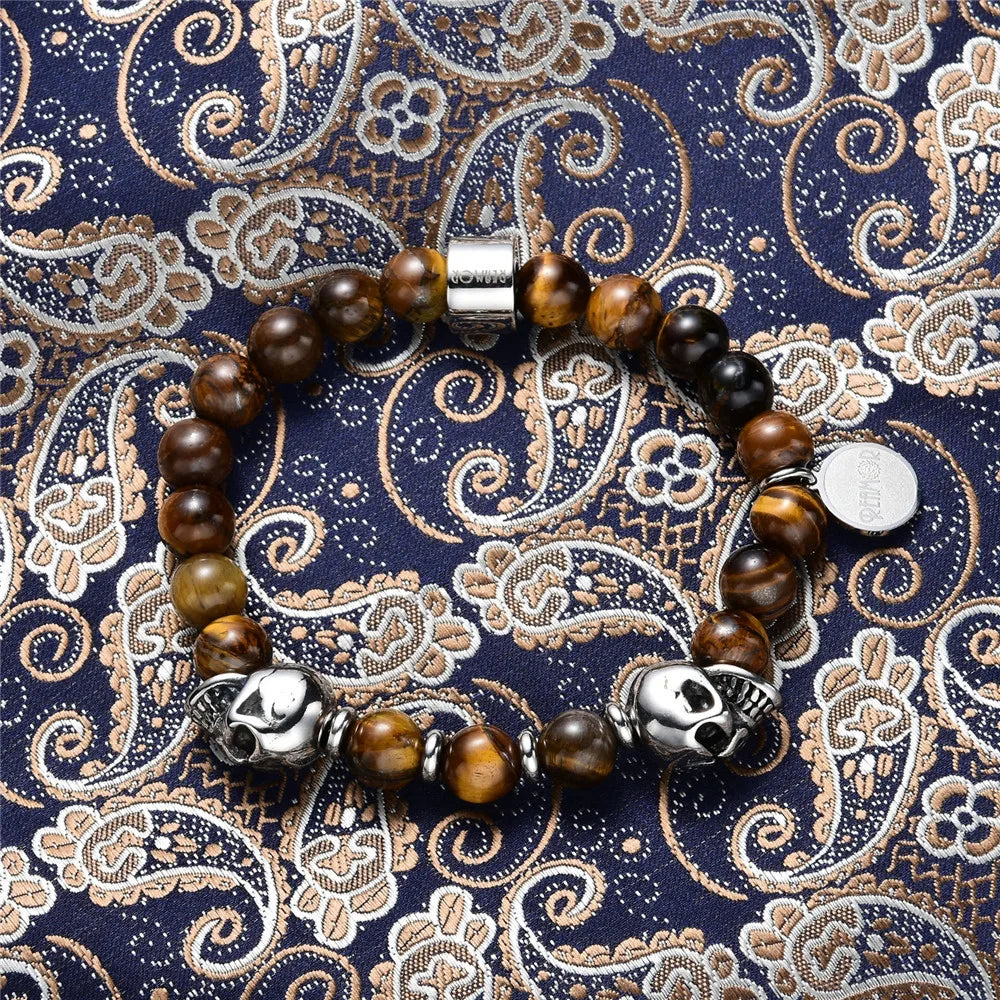 Men's Tiger Eye Stones Bracelet Stainless Steel Skull Beads