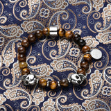 Men's Tiger Eye Stones Bracelet Stainless Steel Skull Beads