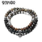 Punk Men Jewelry Beaded Bracelet Stainless Steel Skull Head Stretch Bracelets