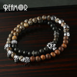 Punk Men Jewelry Beaded Bracelet Stainless Steel Skull Head Stretch Bracelets