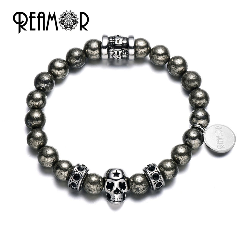 Iron Pyrite Stones Bracelet with Skull Head Beads