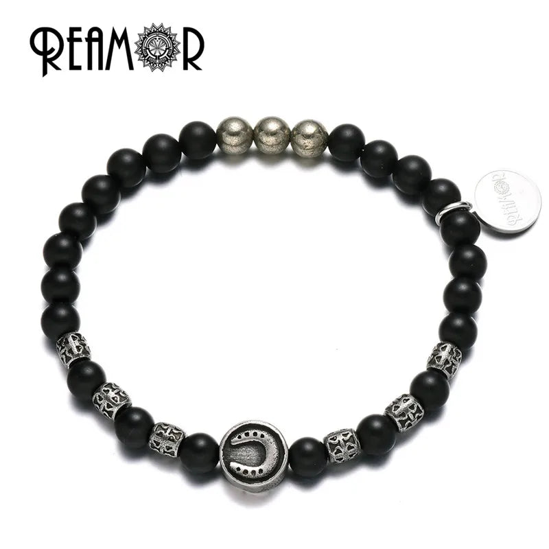 Stainless Steel Horseshoe&Rudder&Cross Natural Onyx&Iron Pyrite Bracelet