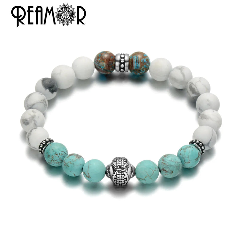 Turquoise Stone Elastic Bracelet Stainless Steel Beaded Bangles Unisex