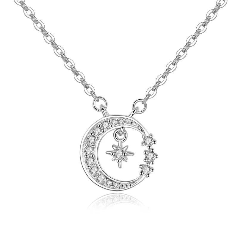 925 Silver Moon Necklace Zircon Crystal Pendant Wedding Jewelry