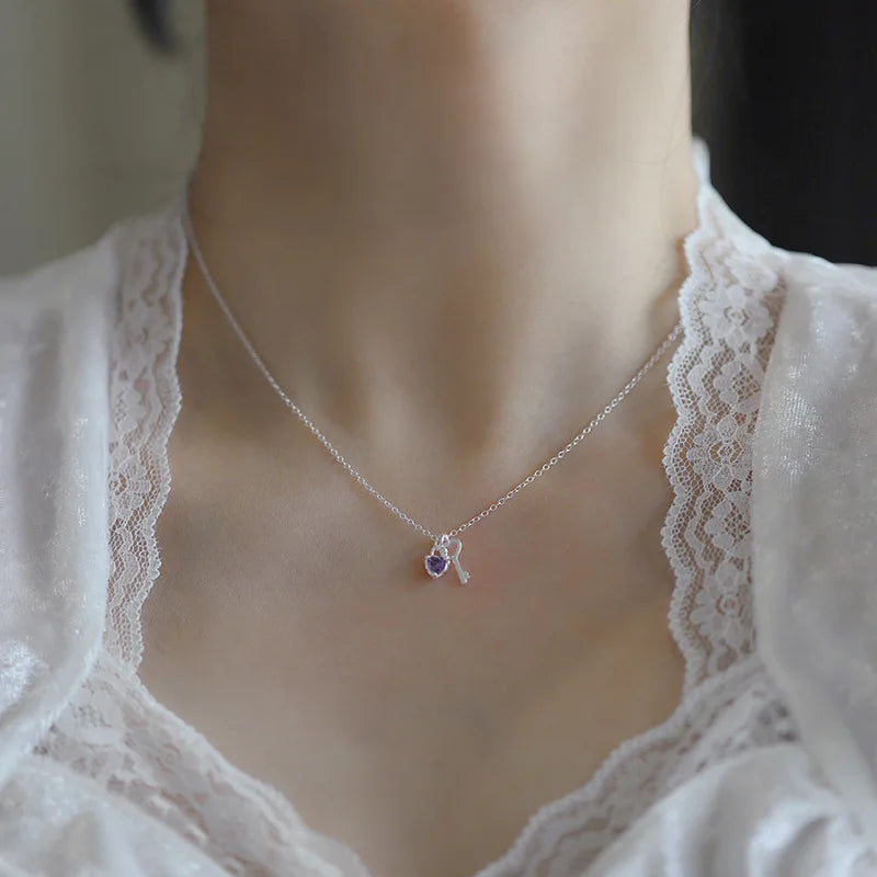 925 Silver Zircon Key Heart Necklace Pendant For Women Wedding Jewelry