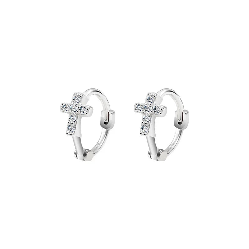 925 Silver CZ Cross Hoop Earrings Women Huggies