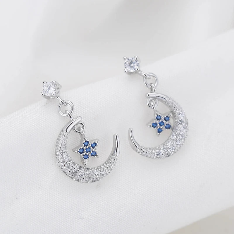 925 Silver Star & Crescent Stud Earrings Women Lady Jewelry