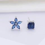 925 Silver CZ Flower Stud Asymmetry Earrings for Women