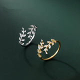 925 Silver Zircon Open Branch Leaf Adjustable Ring Wedding Party Jewelry