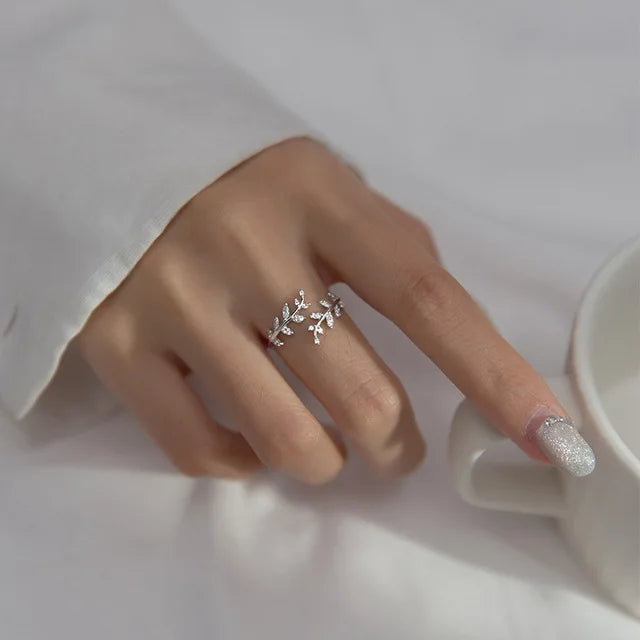 925 Silver Zircon Open Branch Leaf Adjustable Ring Wedding Party Jewelry