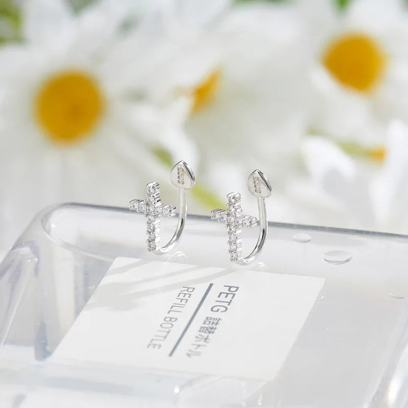 925 Silver Cross Earrings for Women Earclip Jewelry