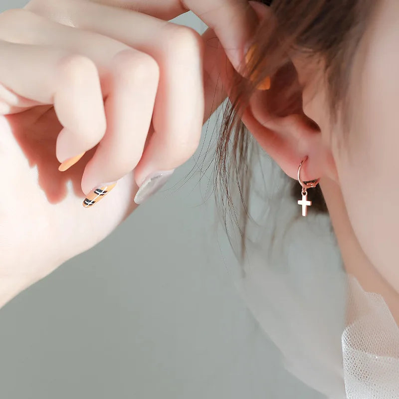 925 Silver Cross Earrings Women Couple Small Contracted Earrings