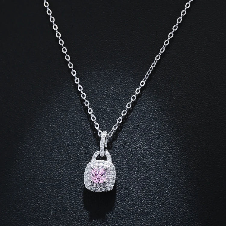 925 Silver Zircon Lock Pendant Necklace Statement Jewelry for Women