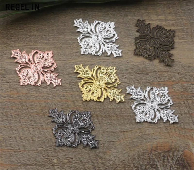 50pcs Vintage Hollow Flower Charms 23x30mm Silver Plated Findings DIY Headwear