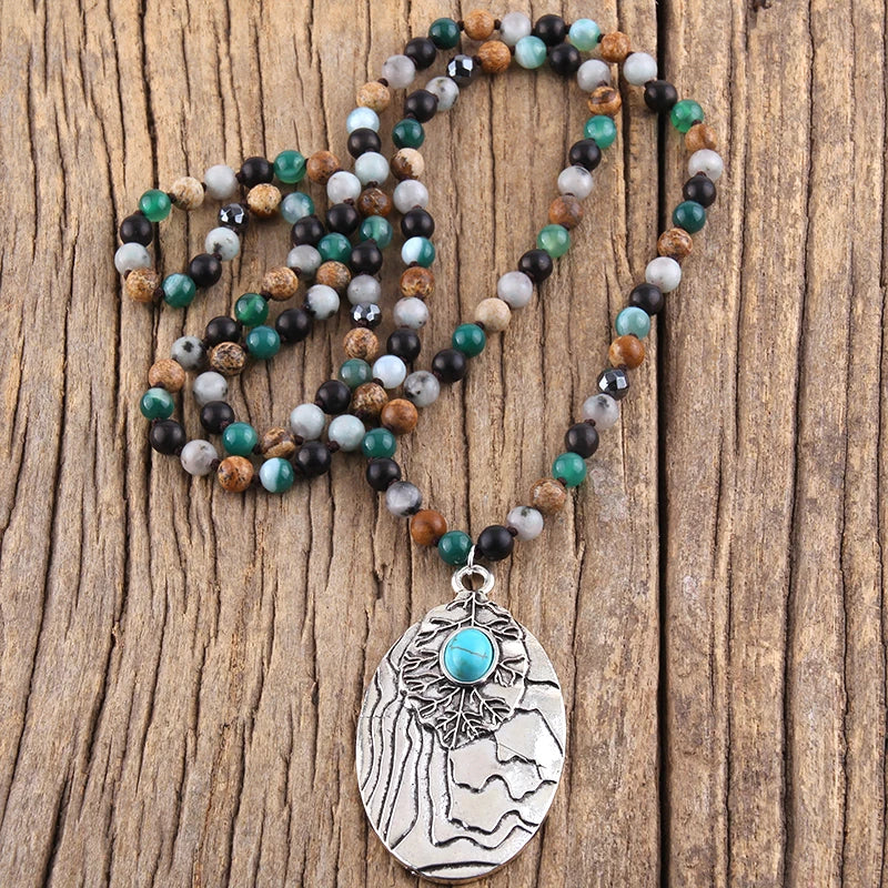 Boho Beaded Necklace Stone Glass Pendant Women Gift