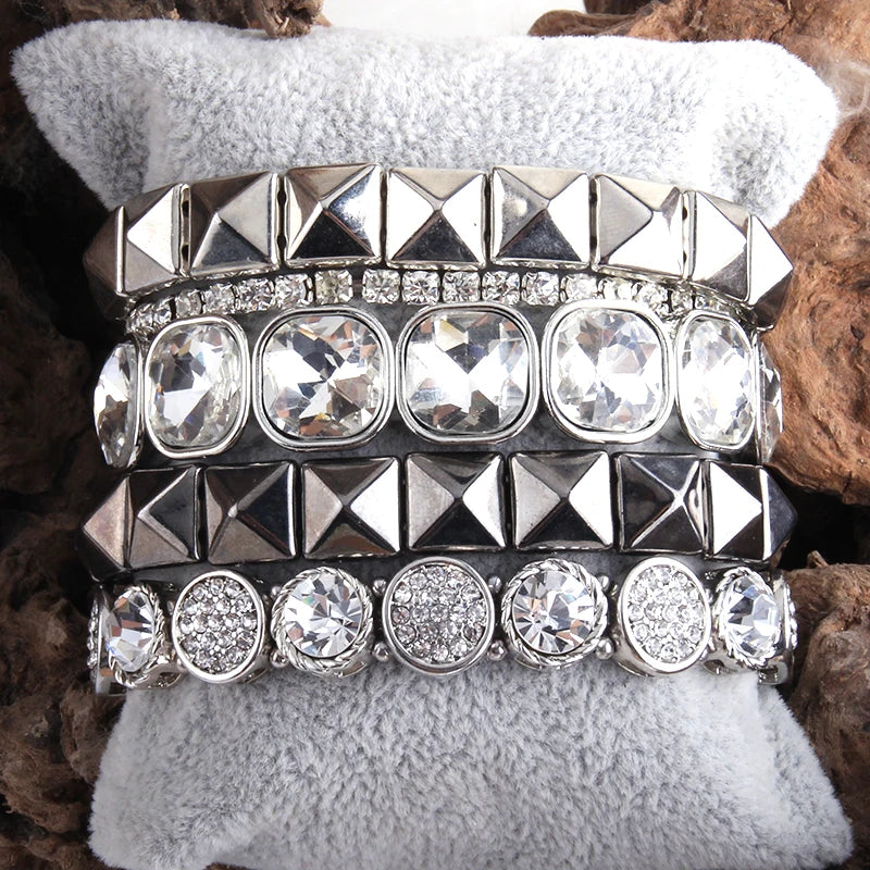 5pc Set Beaded Bracelets Natural Stone Metal Crystal Jewelry